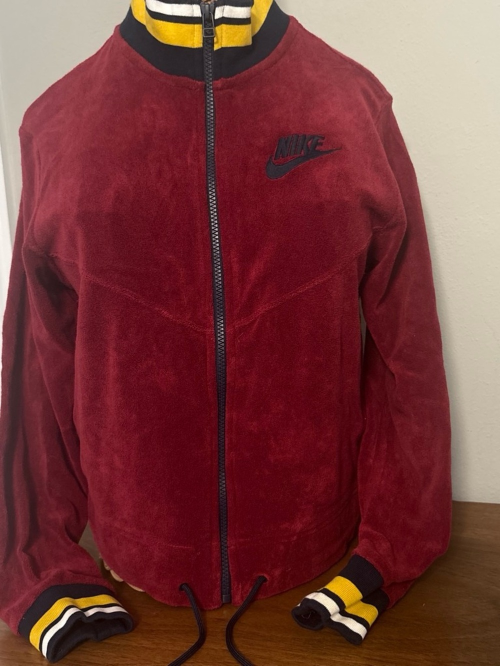 Women's Nike Retro Burgundy Terry Track Jacket with Yellow-Trim Collar